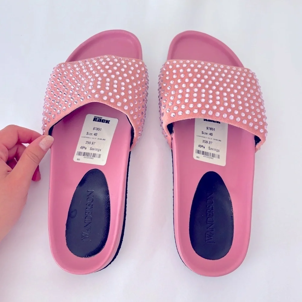 NEW JW ANDERSON Pink Suede Crystal Italian Leather Sandal Slides Size 9